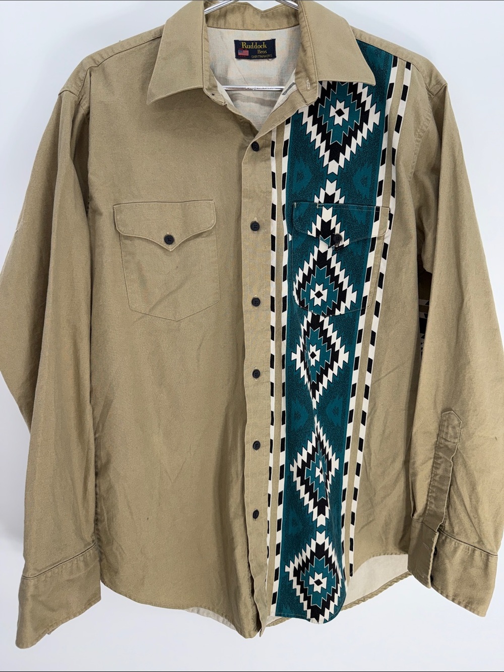 Men's Tan Shirt Jacket with Teal Aztec Stripe